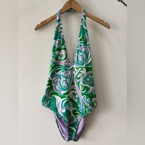 Emilio Pucci Green and Lavender Albizia print reversible one piece swimsuit 46